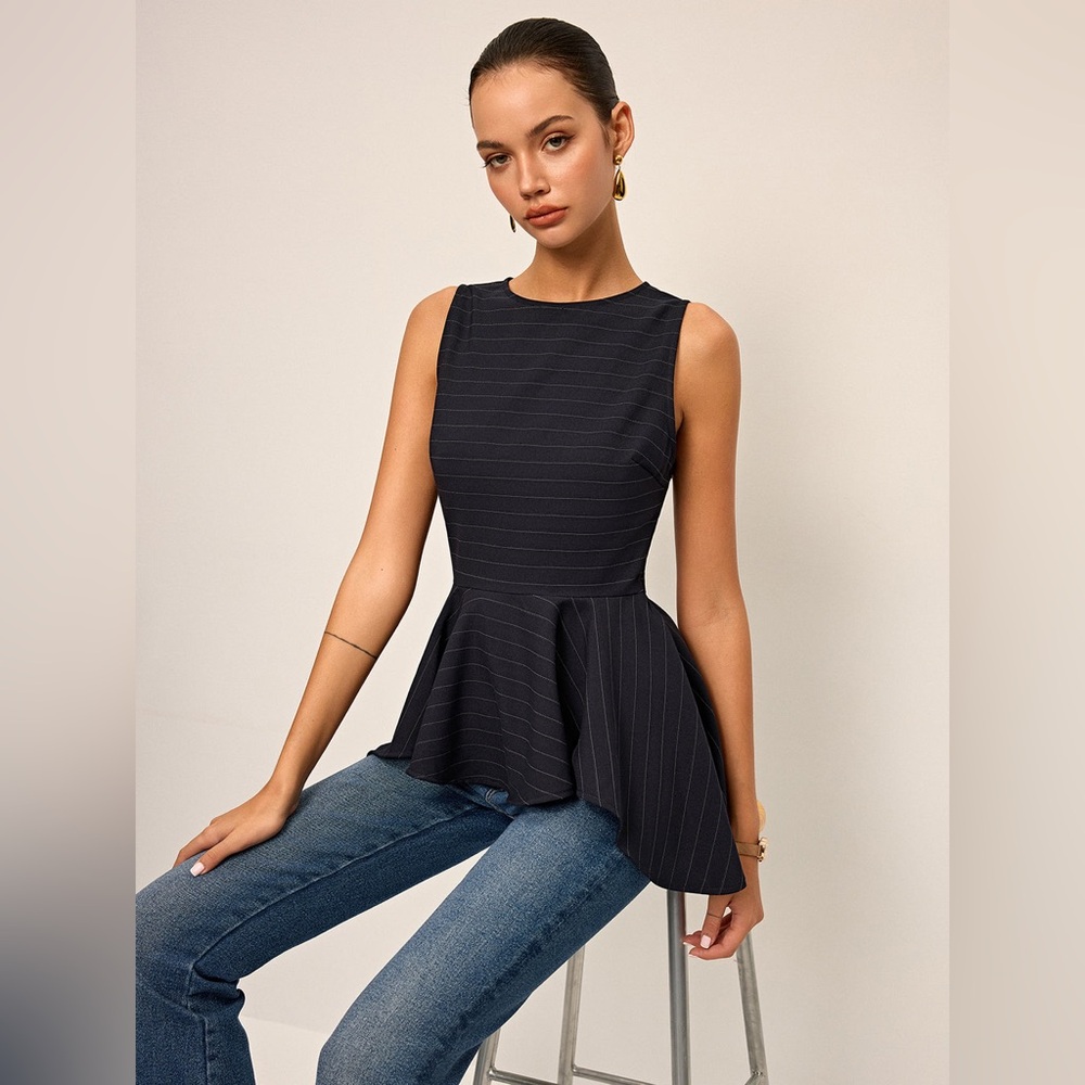 Commense Black Pinstripe Peplum Top - Picture 2 of 4